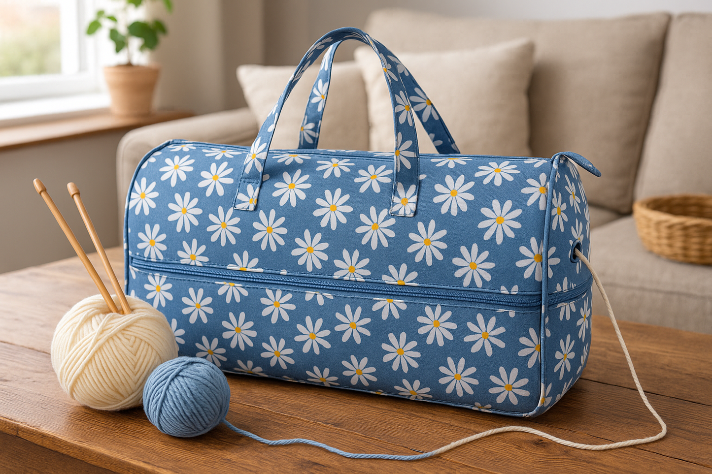 Hobby Gift Denim Daisies Knitting Bag – 45cm | Yarn Storage with Eyelet & Front Pocket