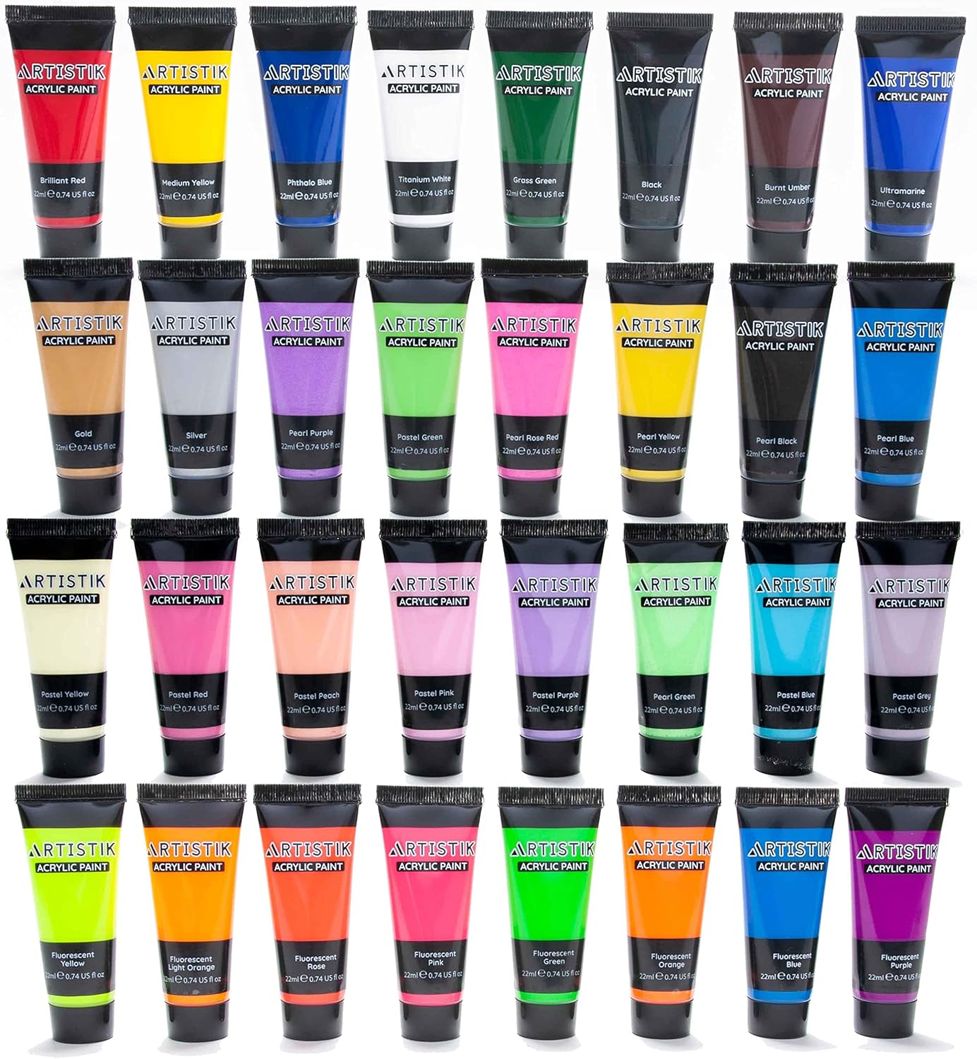 Artistik 32 Colour Acrylic Paint Set with Brushes – 22ml Tubes