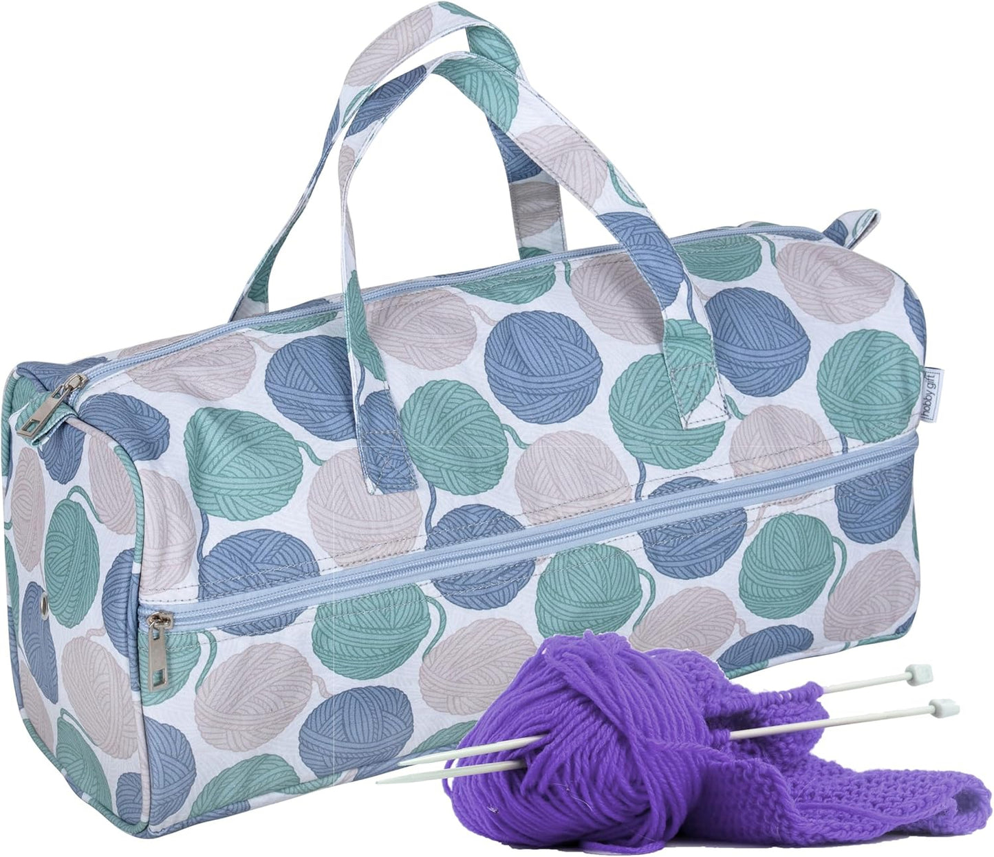Hobby Gift Yarn Ball Print Knitting Bag – Large Tote with Needle Storage & Front Zip Pocket (45 x 19.5 x 16.5 cm)