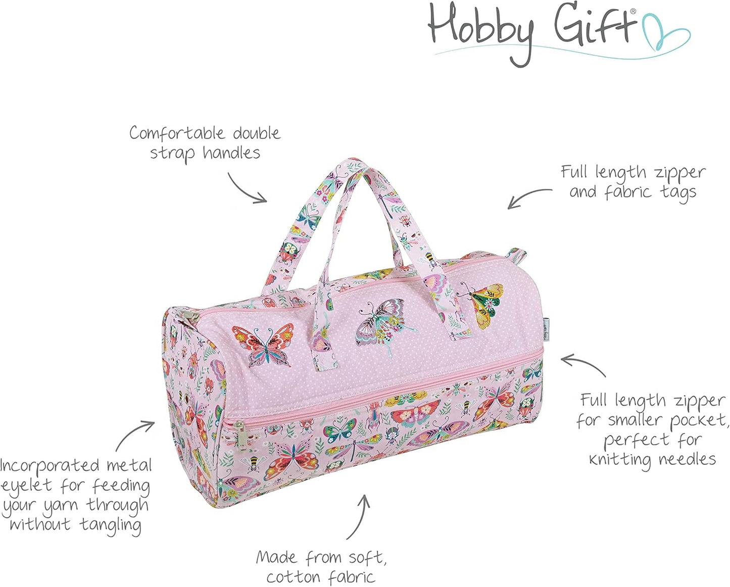 Hobby Gift Knitting Bag – Embroidered Bugs & Butterflies – Cotton Storage with Yarn Eyelet