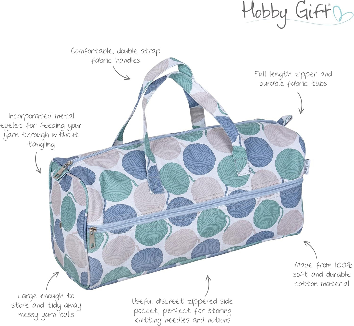 Hobby Gift Yarn Ball Print Knitting Bag – Large Tote with Needle Storage & Front Zip Pocket (45 x 19.5 x 16.5 cm)