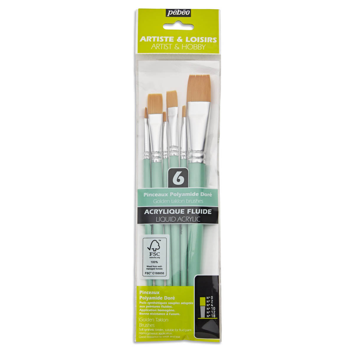 Set of 6 Short Handle Brushes Flat _x0096_ Golden Taklon