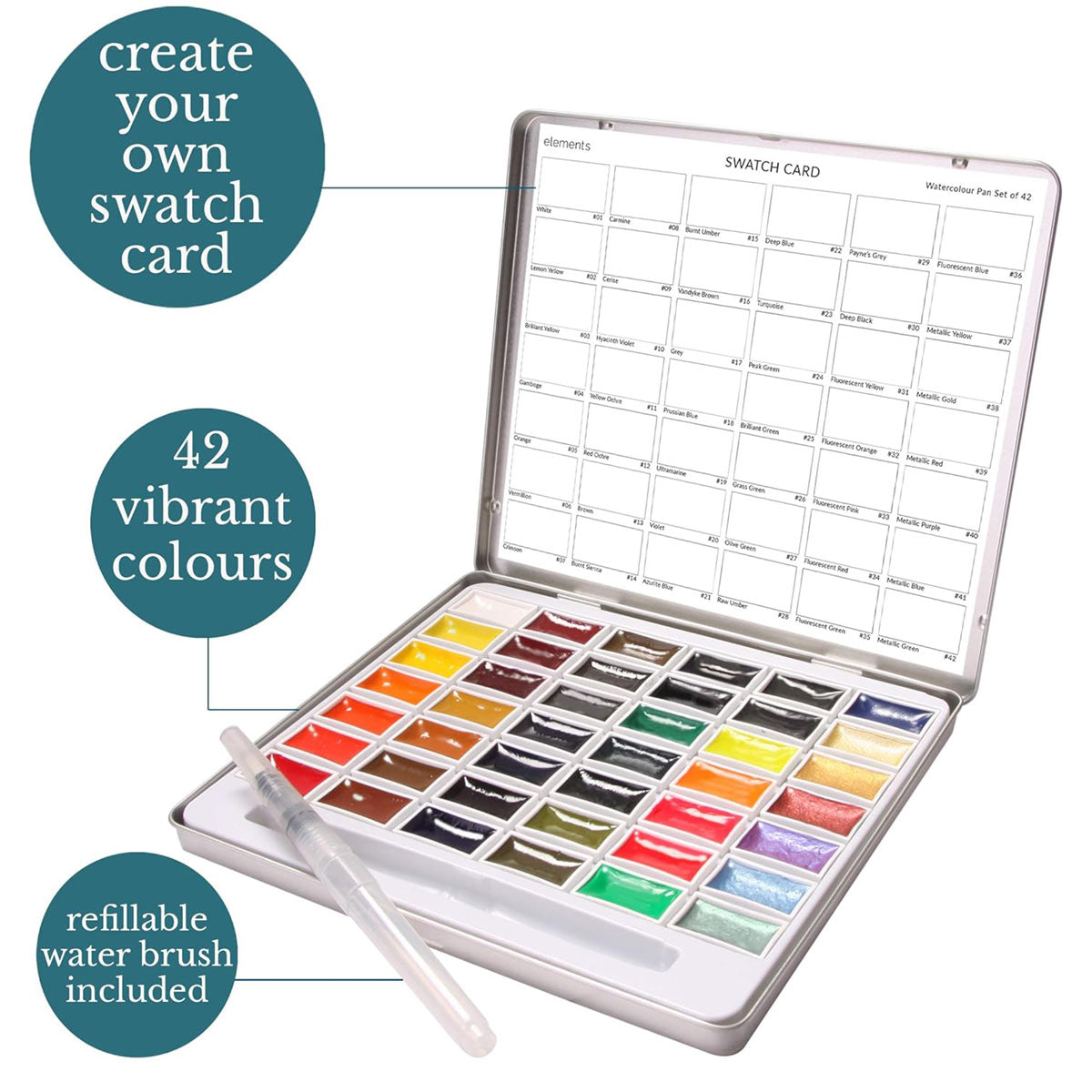 Elements 42 Large Pan Watercolour Set In Tin Box With Waterbrush – Premium Artist Brush Set