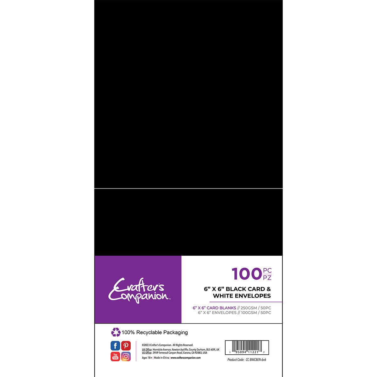 Crafter's Companion - 6"x6" Black Card & White Envelopes 100pc