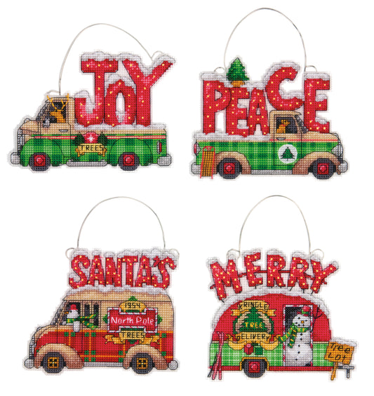 Dimensions Counted Cross Stitch Kit Set of 4 Christmas Truck Decorations.