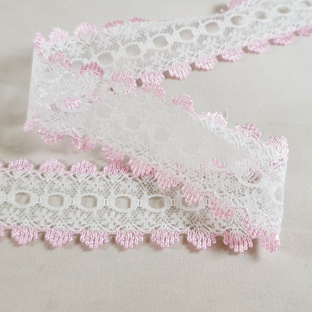 Knitting In Eyelet Lace 30mm White/Pink 5 metre card
