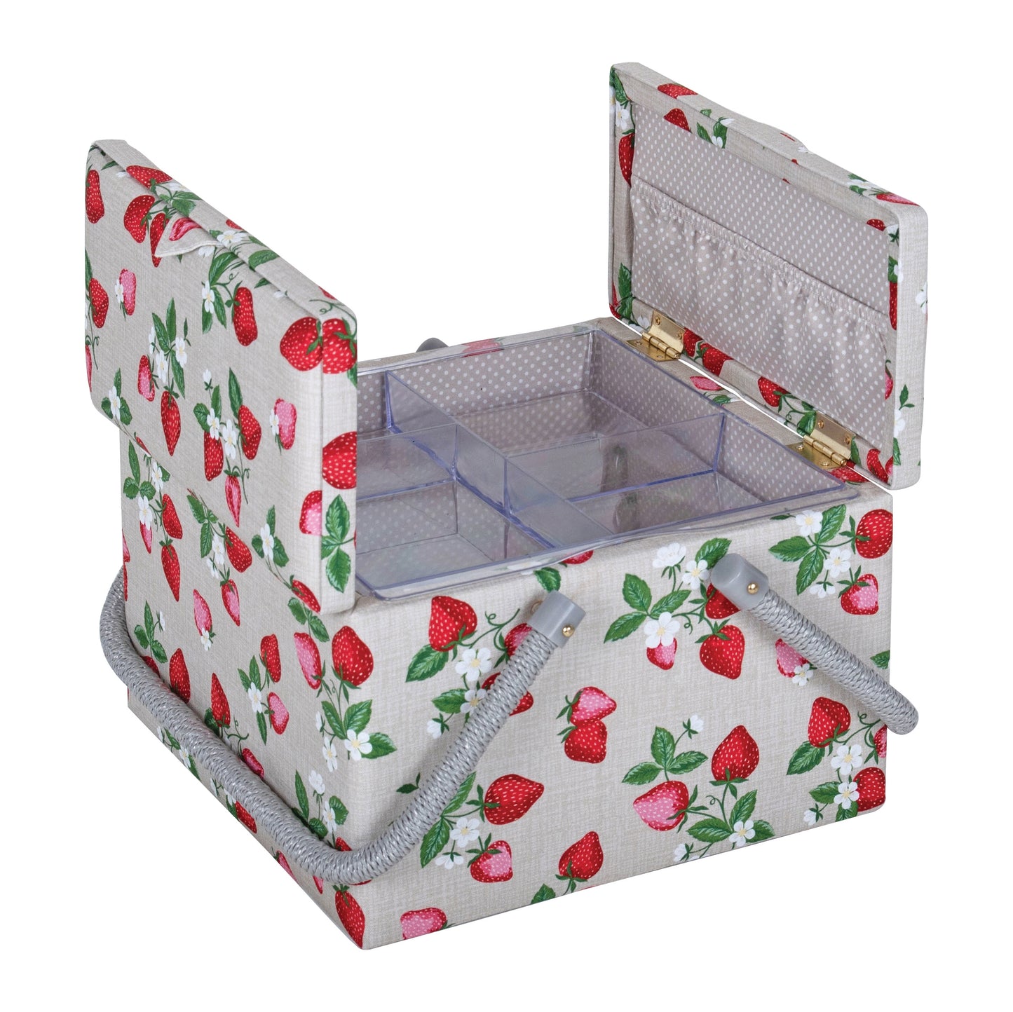 Hobby Gift Sewing Box Large Twin Lid Square Natural Strawberries