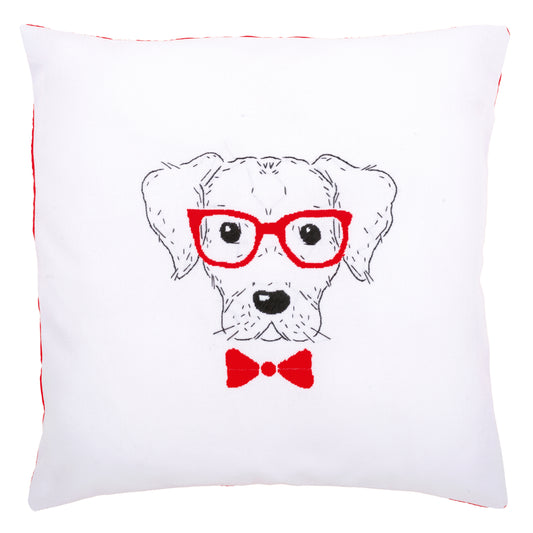 Vervaco Embroidery Kit: Cushion: Dog with Red Glasses- Acryl