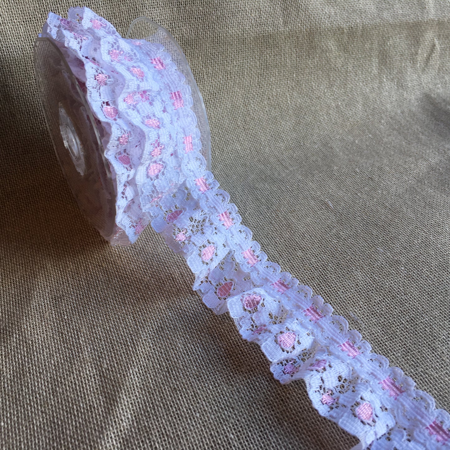 Lace Ribbon Slot Design Frilled White/Pink 5 metre reel
