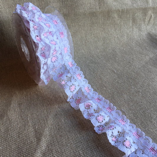Lace Ribbon Slot Design Frilled White/Pink 5 metre reel