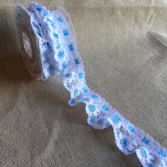 Lace Ribbon Slot Design Frilled White/Blue 5 metre reel