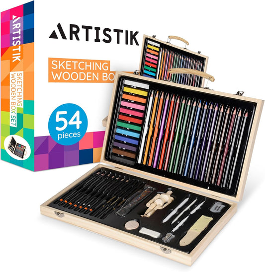 Artistik 54 Piece Wooden Art Set with Mannequin – Sketching & Drawing Kit