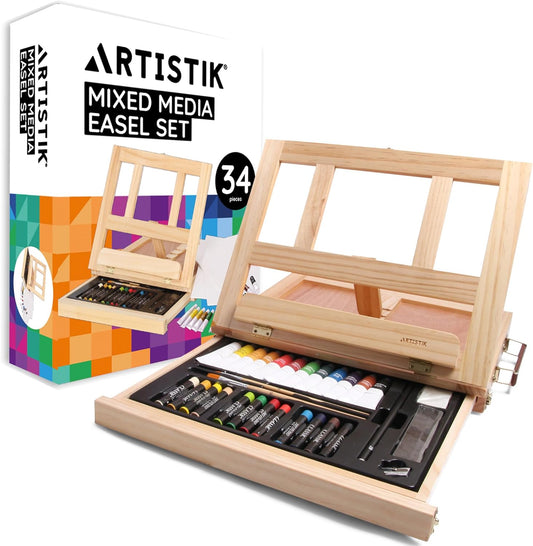 Artistik Mixed Media Easel Art Set – 34 Piece Wooden Painting Kit