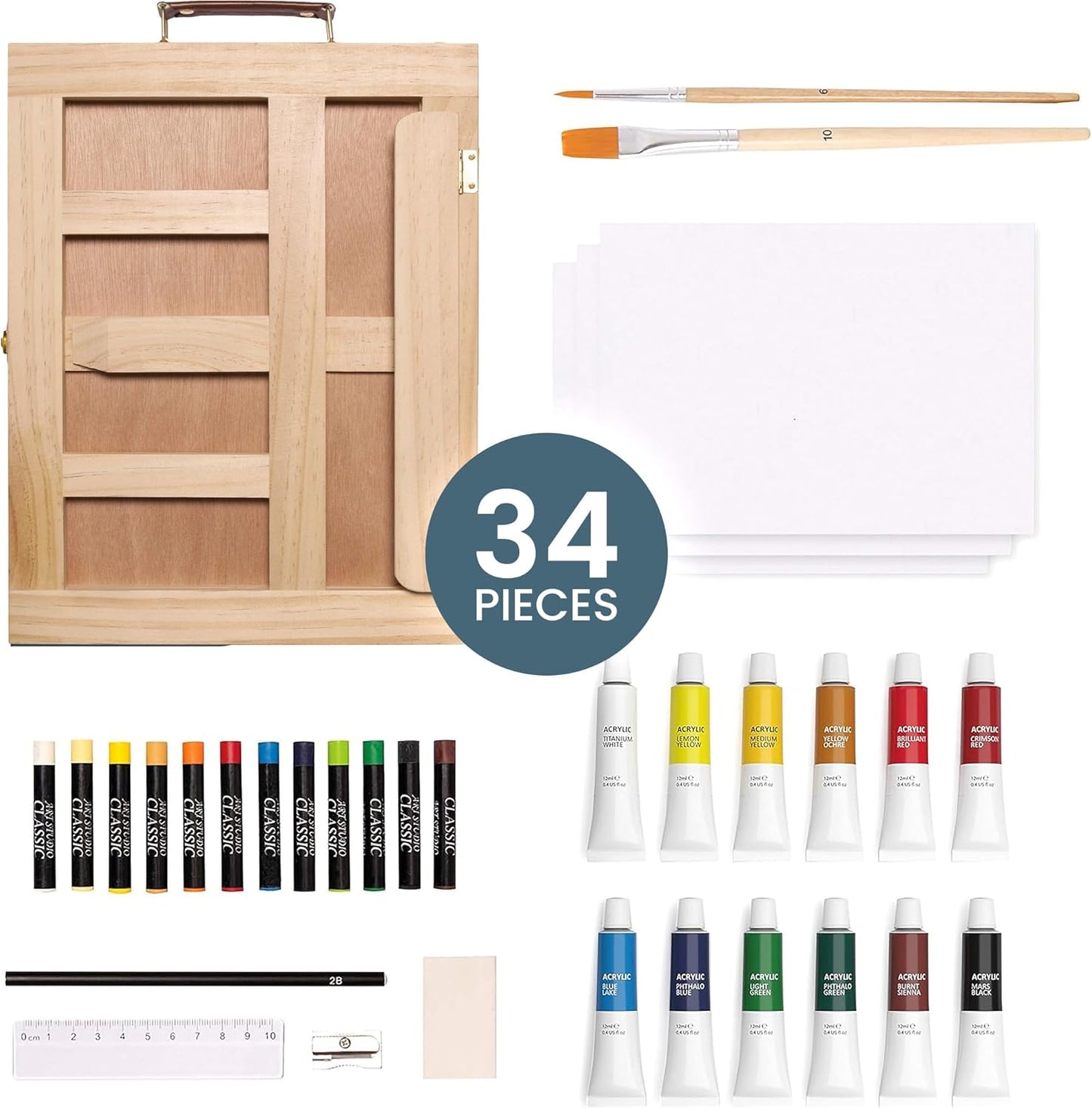 Artistik Mixed Media Easel Art Set – 34 Piece Wooden Painting Kit