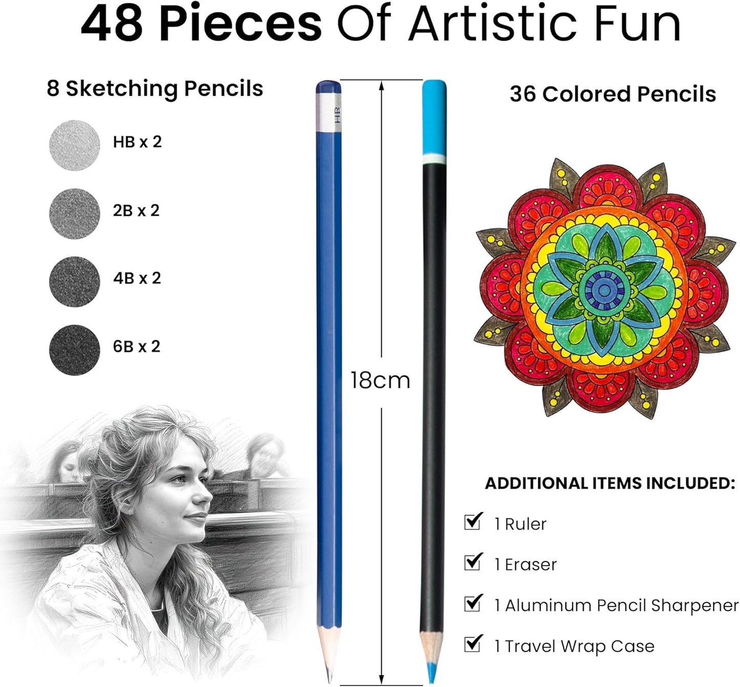 Artistik 47 Piece Coloring Pencil Wrap Set – Drawing & Sketching Kit