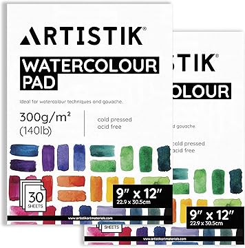 Artistik Watercolour Pad 9x12” – 300gsm Cold Press Paper (2 Pack)