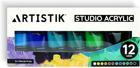 Artistik 12 x 75ml Acrylic Paint Set with Brushes – Premium Artist Paints
