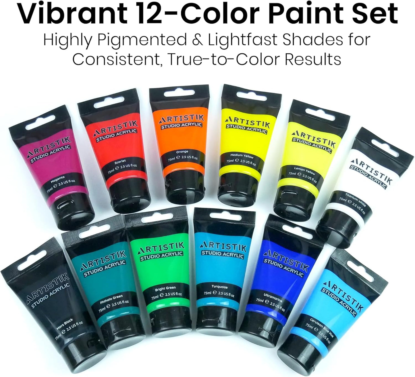 Artistik 12 x 75ml Acrylic Paint Set with Brushes – Premium Artist Paints