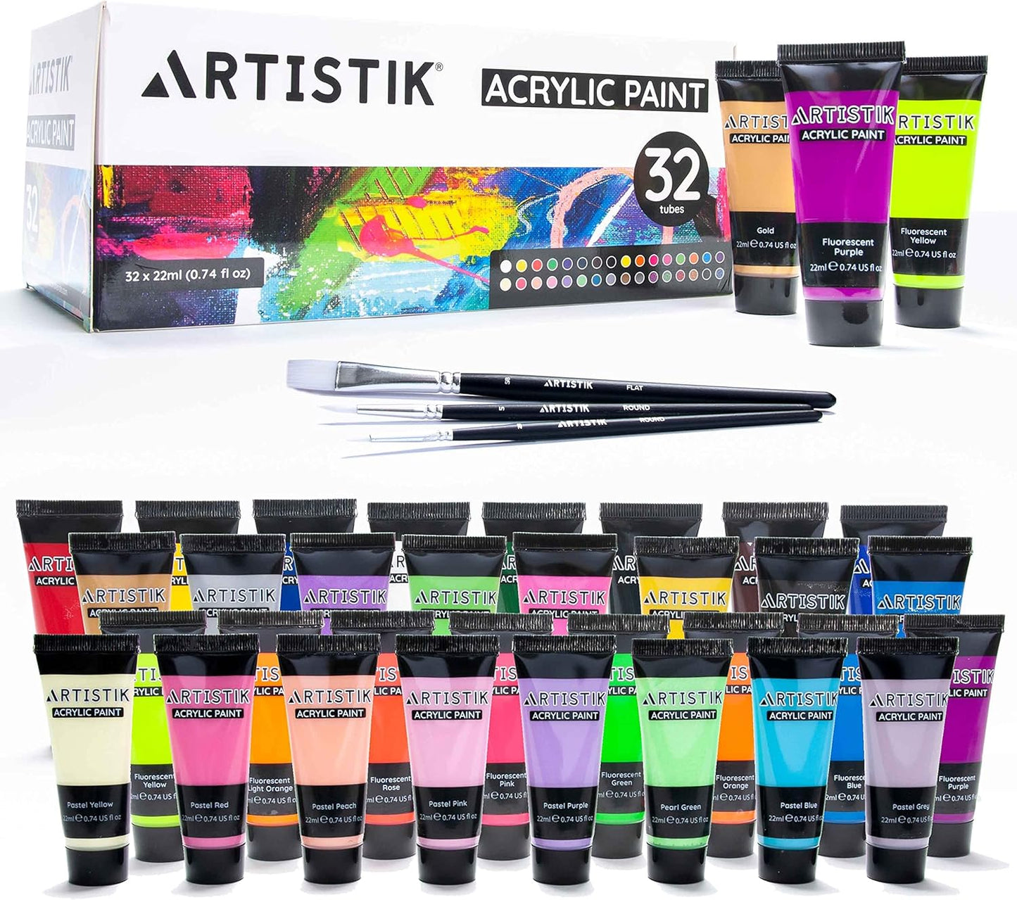 Artistik 32 Colour Acrylic Paint Set with Brushes – 22ml Tubes