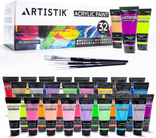 Artistik 32 Colour Acrylic Paint Set with Brushes – 22ml Tubes
