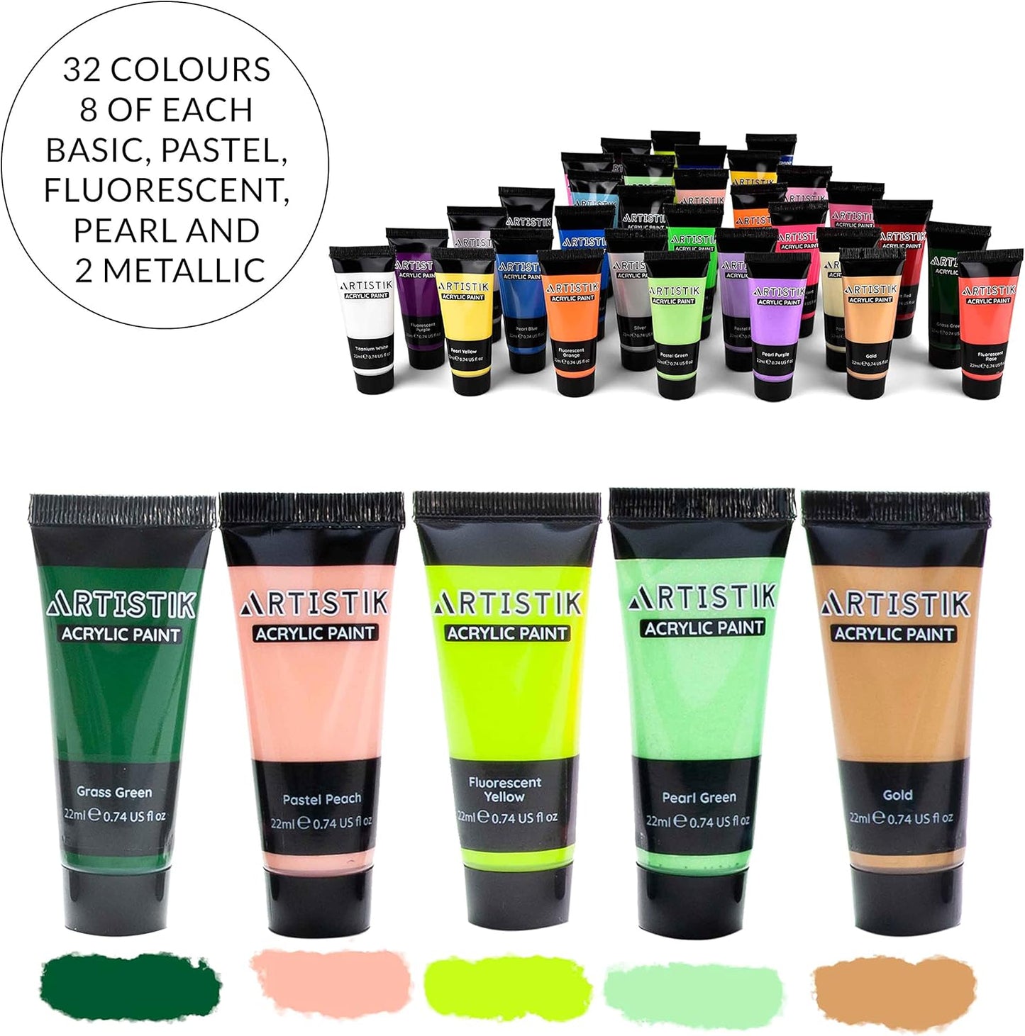 Artistik 32 Colour Acrylic Paint Set with Brushes – 22ml Tubes