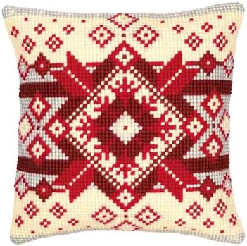 Vervaco - Cross Stitch Cushion Front Kit - Nordic - Autumnal colours with large diamond & diagonal centre design on a cream background.