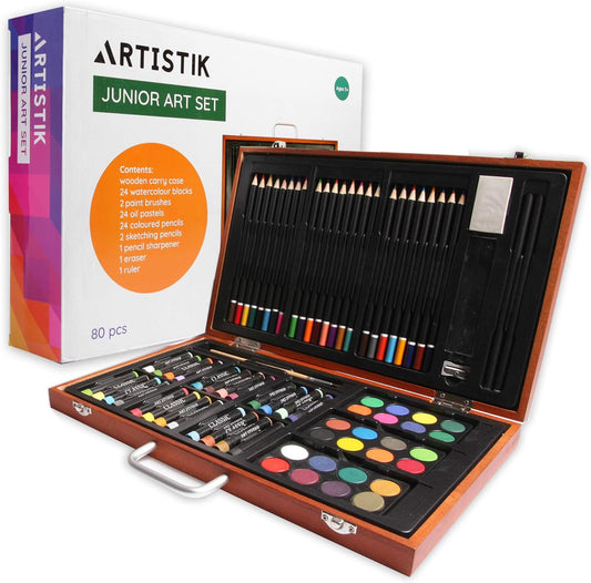 Artistik 80 Piece Junior Art Set with Wooden Case – Complete Creative Kit
