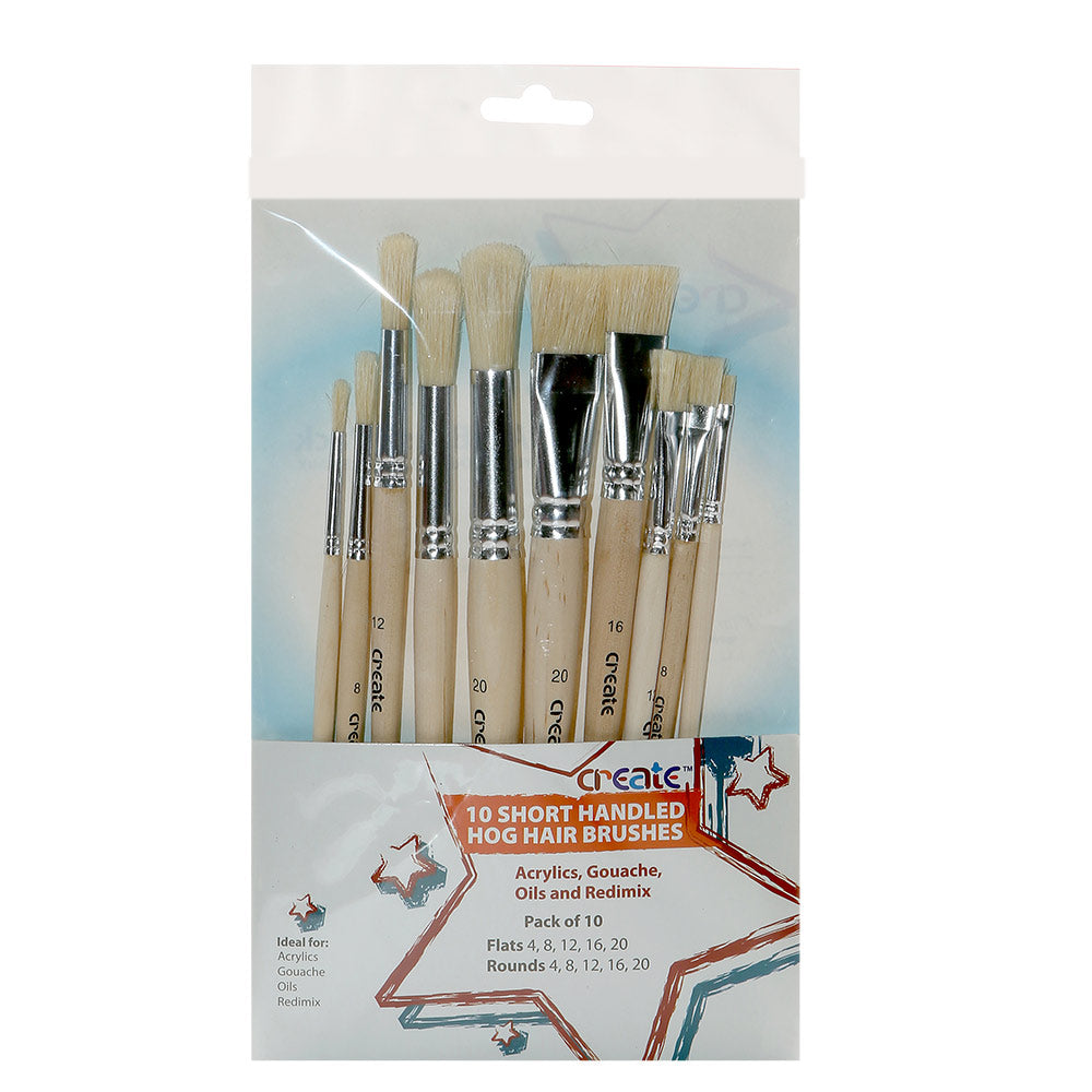 SET 10 SHORT HANDLE HOG BRUSHES SCHOOL PACK