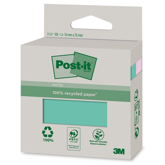 3M Post It Notes - Recycled - Bright Colors – 76 x 76mm – 100 Sheets - 2 Pack