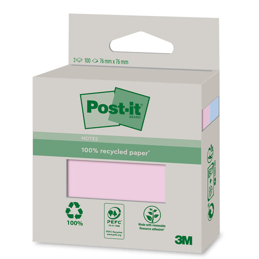 3M Post It Notes - Recycled - Pastel Colors – 76 x 76mm – 100 Sheets - 2 Pack