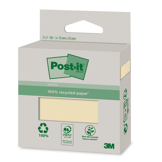 3M Post It Notes - Recycled - Canary Yellow – 76 x 76mm – 100 Sheets - 2 Pack