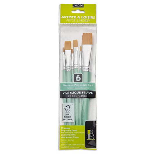 Set of 6 Short Handle Brushes Flat _x0096_ Golden Taklon