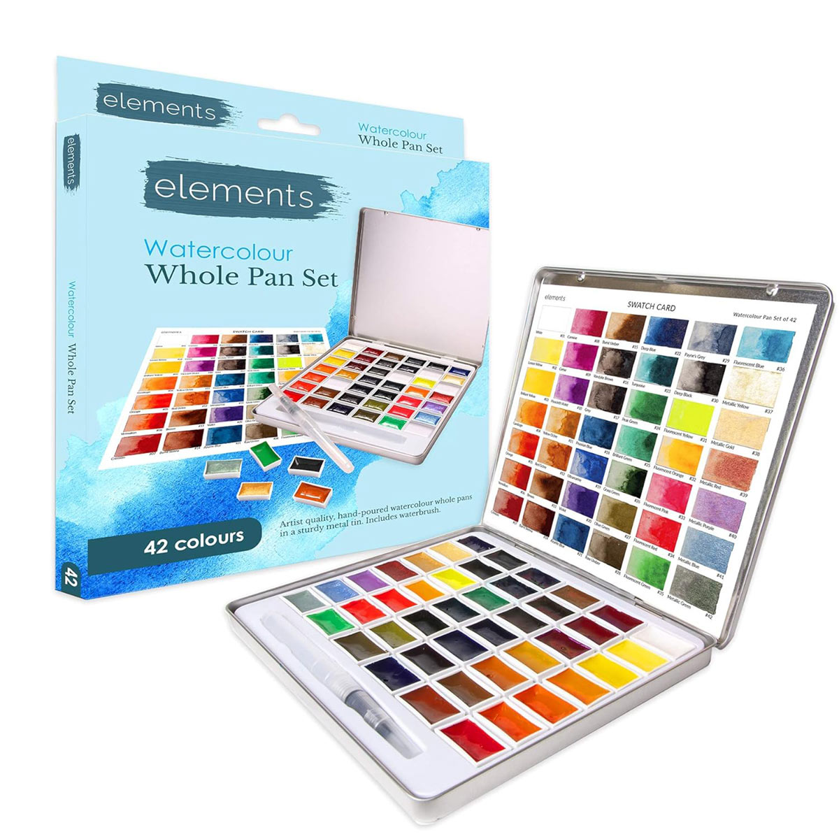 Elements 42 Large Pan Watercolour Set In Tin Box With Waterbrush – Premium Artist Brush Set