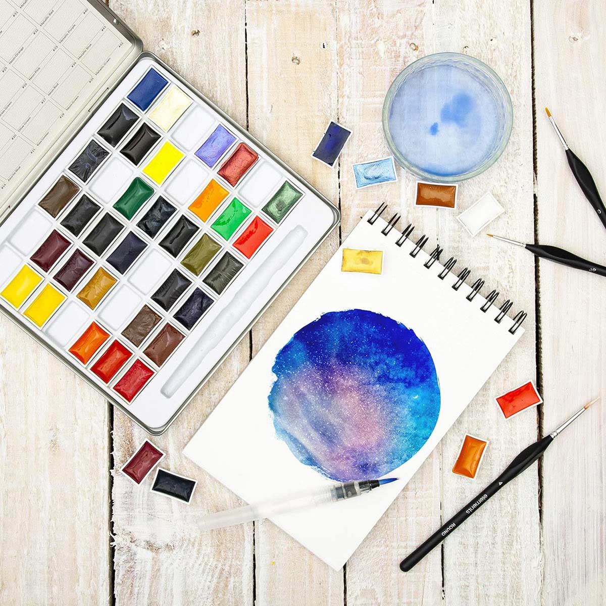 Elements 42 Large Pan Watercolour Set In Tin Box With Waterbrush – Premium Artist Brush Set