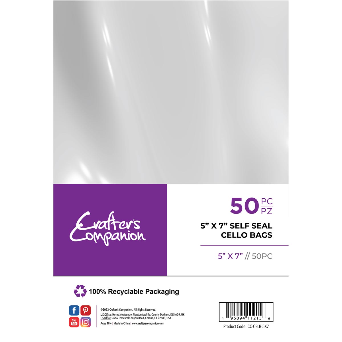 Crafter's Companion - Self Seal Cello Bags - 5"x7" 50pc