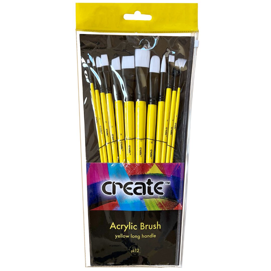 Create Yellow Long Handle Acrylic Brush Pack of 12
