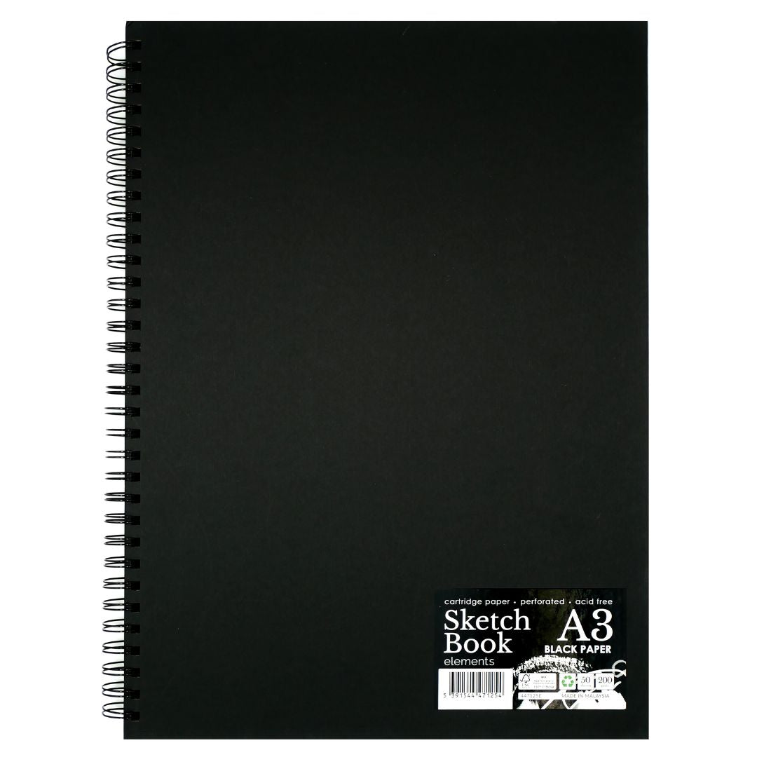 Elements A3 BLACK PAPER Sketchbook 50s 200gsm Portrait Wire-O – High Quality Art Paper