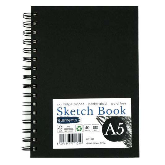 Elements A5 Sketchbook 50s 180gsm Portrait Wire-O Black Cover – Art & Craft Essential
