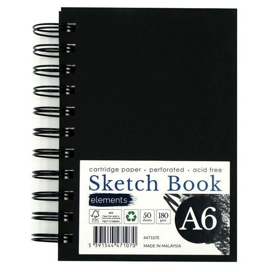 Elements A6 Sketchbook 50s 180gsm Portrait Wire-O Black Cover – Art & Craft Essential