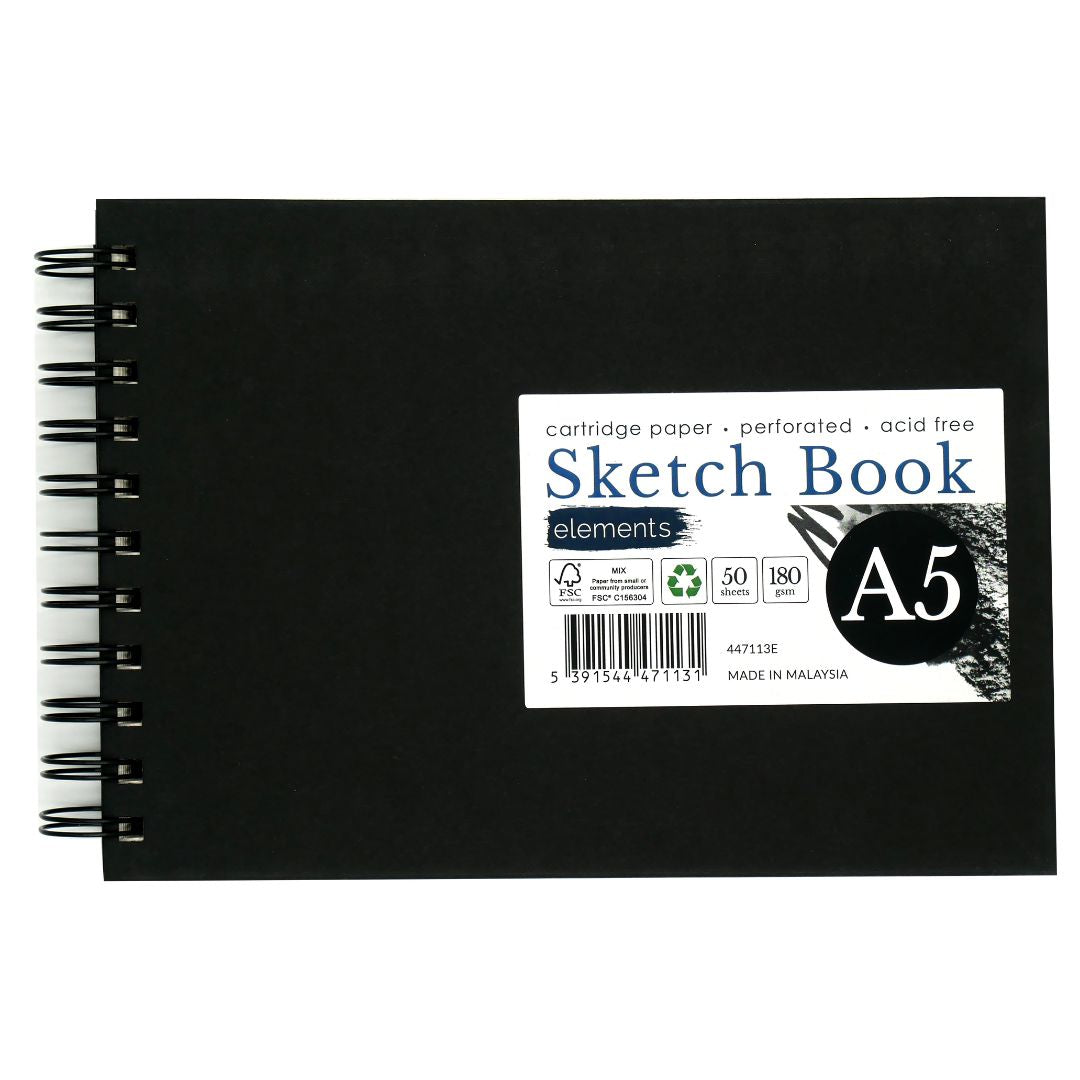 Elements A5 Sketchbook 50s 180gsm Landscape Wire-O Black Cover – Art & Craft Essential