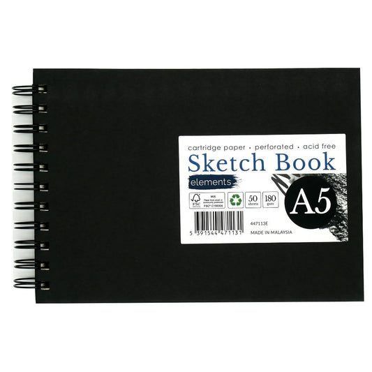 Elements A5 Sketchbook 50s 180gsm Landscape Wire-O Black Cover – Art & Craft Essential