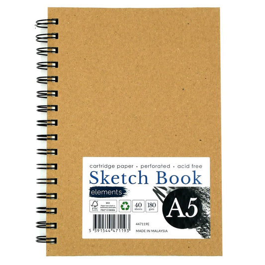Elements A5 Sketchbook 40s 180gsm Portrait Wire-O Kraft Cover – Art & Craft Essential
