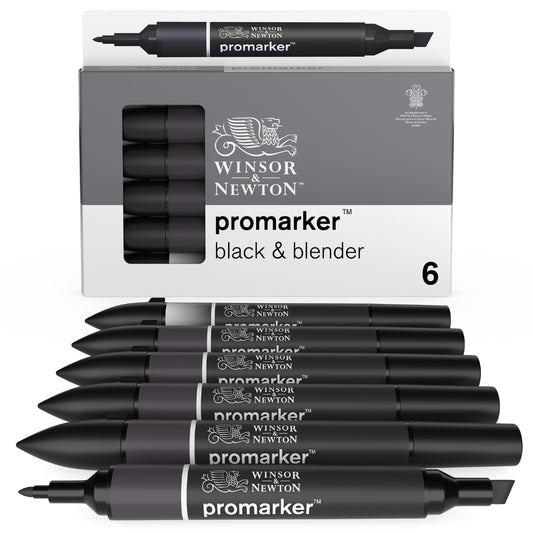 Winsor & Newton Promarker 6 Set - 5 Blacks + Blender Set - Winsor & Newton at DRK Crafts