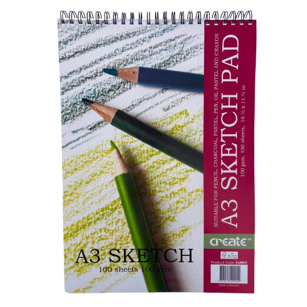 Create 100 A3 Jumbo Spiral Sketch Pad 100sh 100gsm