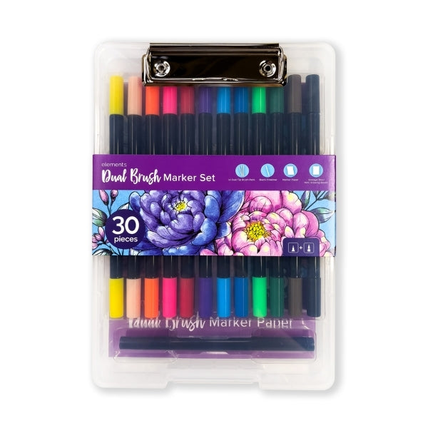 Elements Waterbased Ink Dual Tip Marker 30 piece Set with Clipboard – Art & Craft Essential
