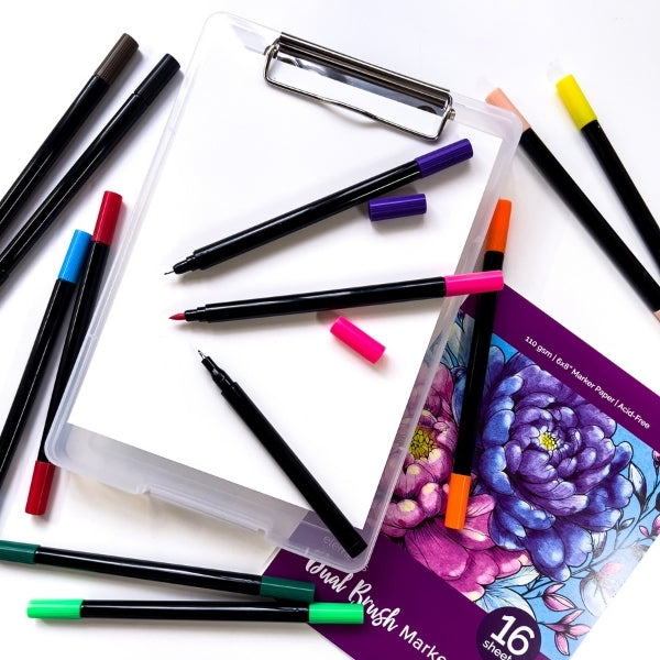 Elements Waterbased Ink Dual Tip Marker 30 piece Set with Clipboard – Art & Craft Essential
