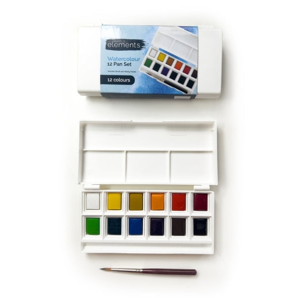 Elements Watercolour 12 Half Pan Set with Mini Brush – Premium Artist Brush Set