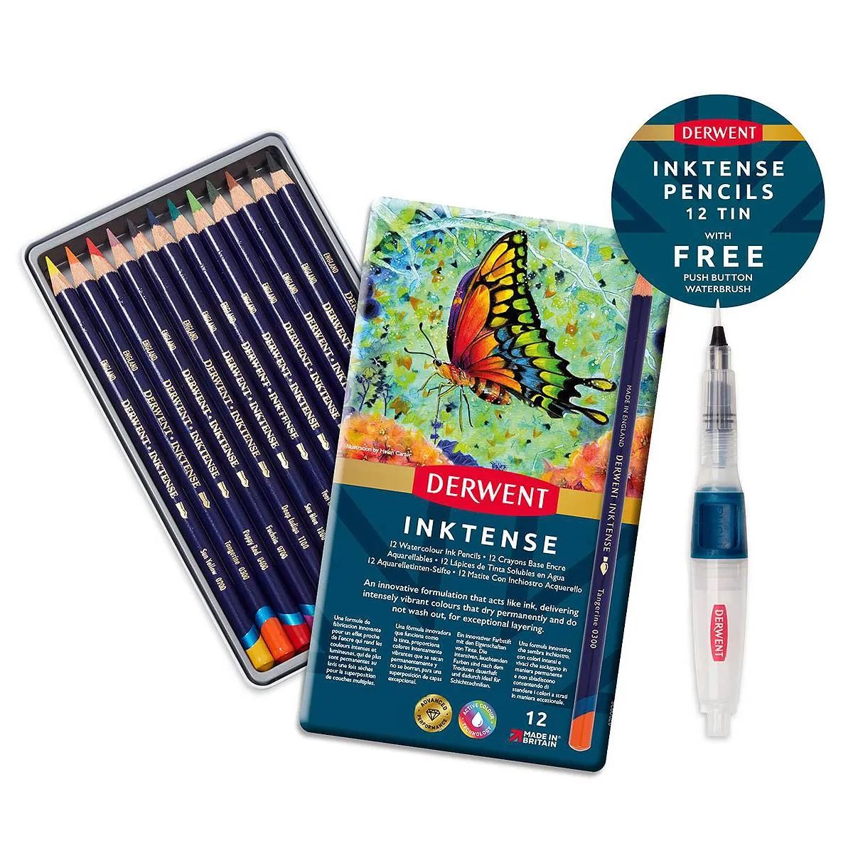 Derwent Inktense 12 Tin Bundle With Waterbrush