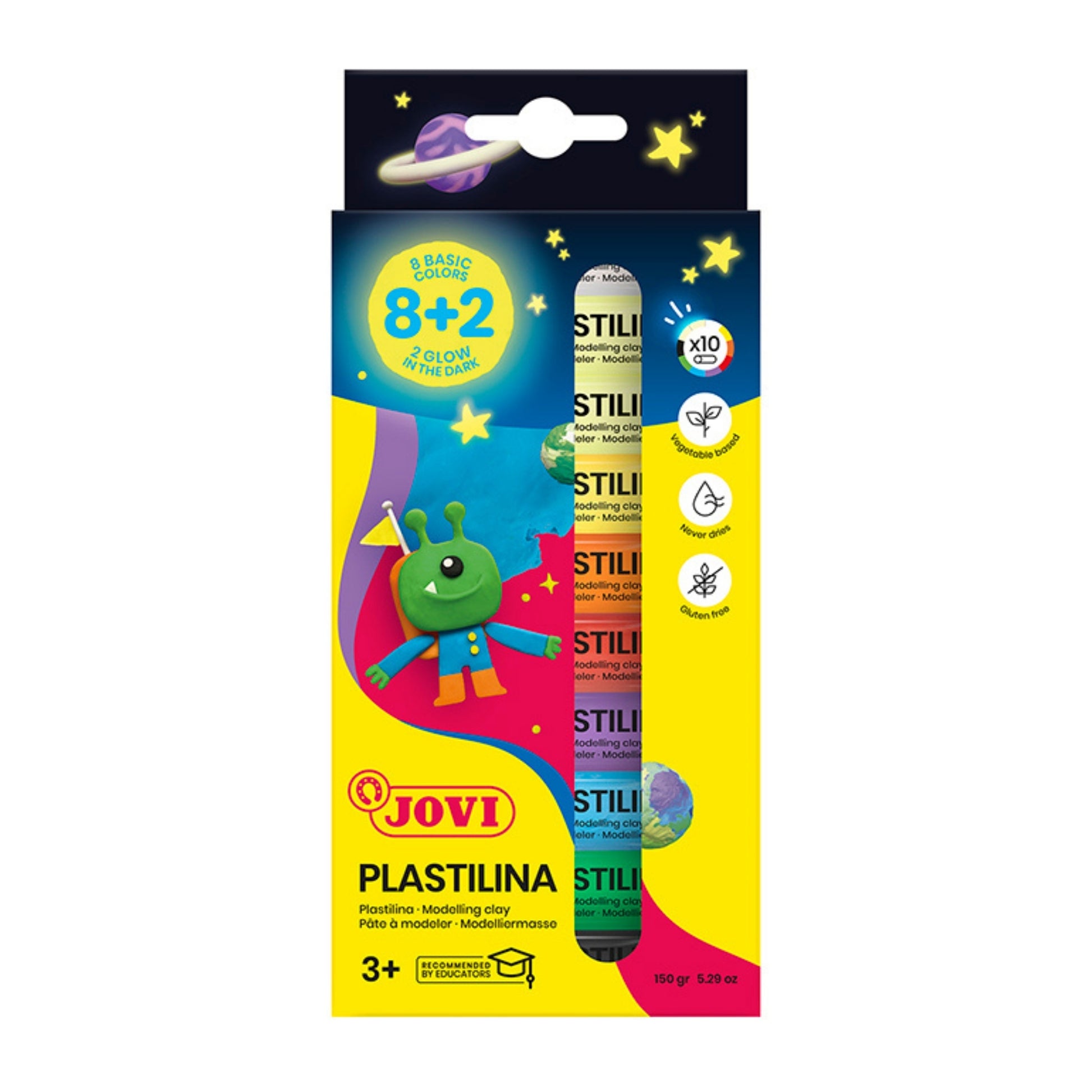 Jovi Plastilina Modelling Clay – 10 x 15 g Bars, Assorted and Glow-in-the-Dark Colours