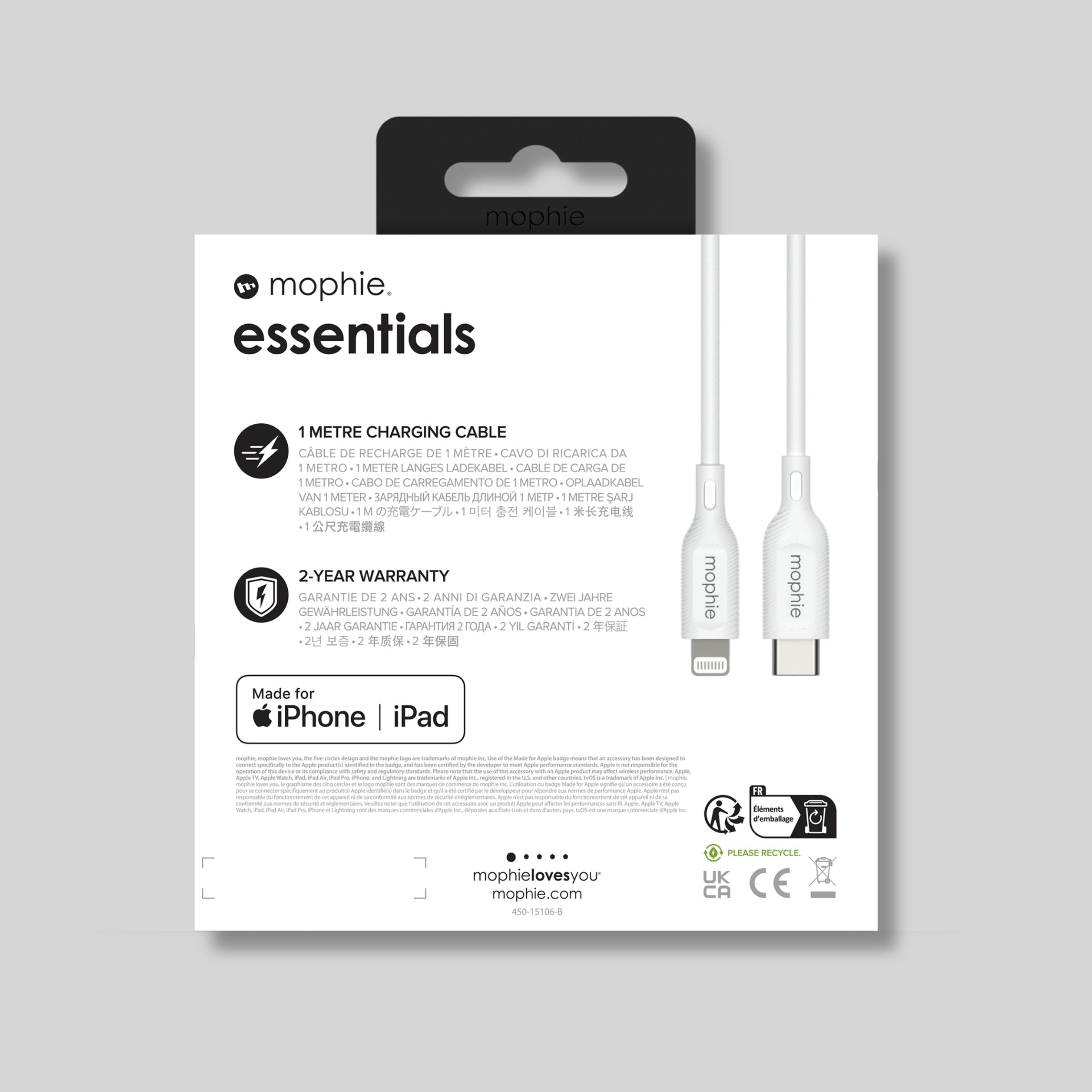 Mophie Essentials USB-C to Lightning Charging Cable 1m – White